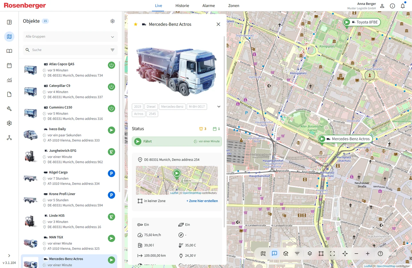 Commander Telematikplattform, Live-Detailansicht eines Fahrzeugs mit Telemetrie, Status und Position auf der Karte