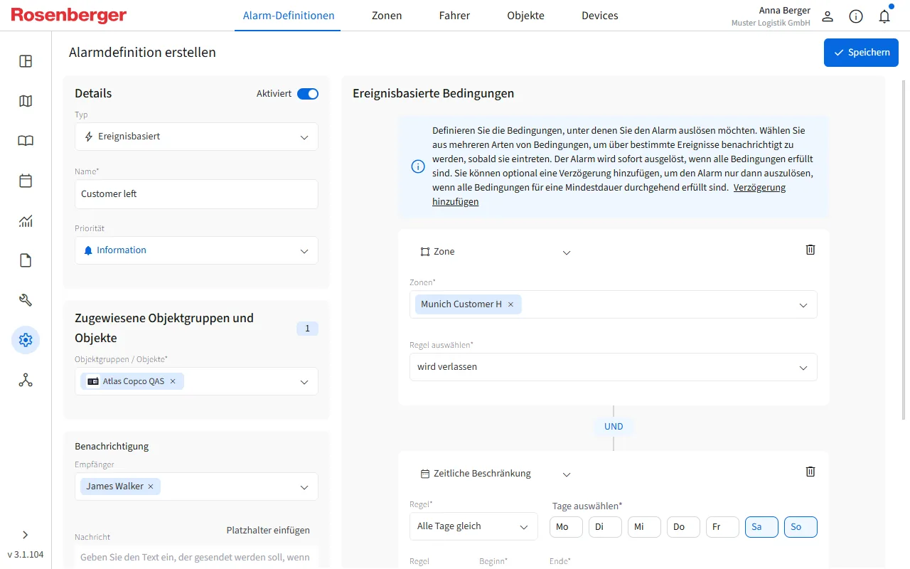 Commander Alarm-Manager, zonenbasierte Alarmdefinition, die auslöst, wenn ein Asset einen Kundenstandort verlässt