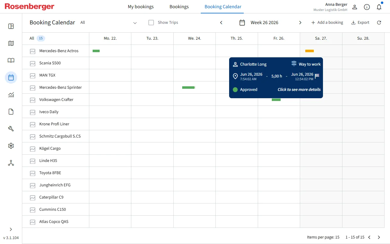 Commander booking calendar, weekly view with vehicle reservations