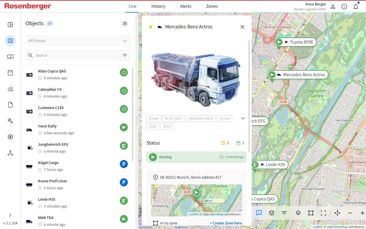 Commander live map showing the tracked-asset list and a vehicle detail panel